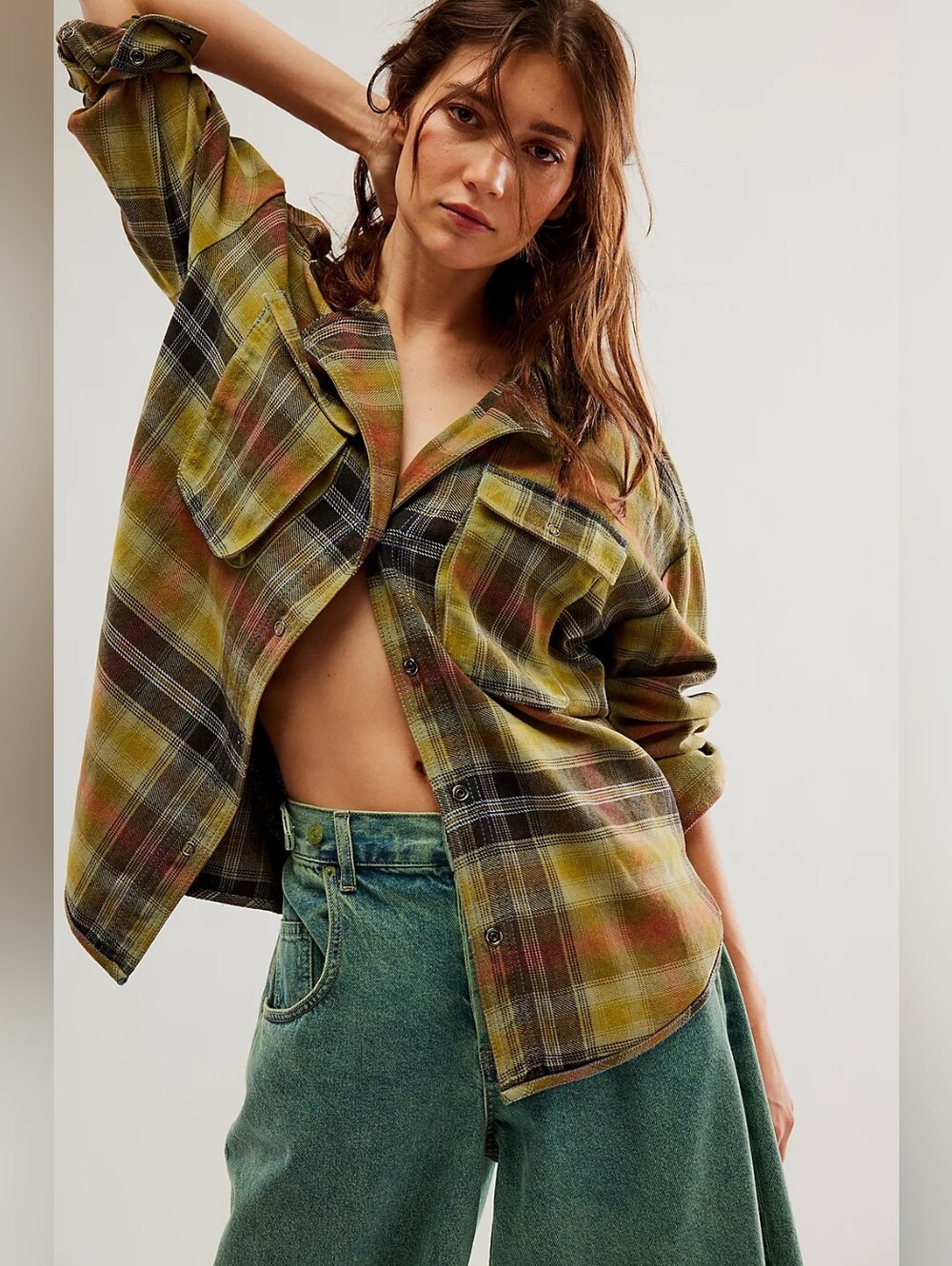 We The Free People Izzy Heavy Cotton Cargo Plaid Button-Down Shirt -Size Medium